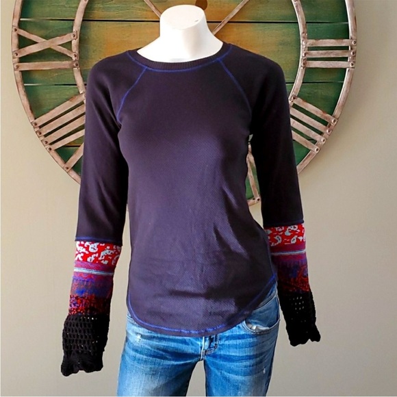 Free People In The Mix Patchwork Cuff Black Thermal Tee S Black Combo - Picture 5 of 16